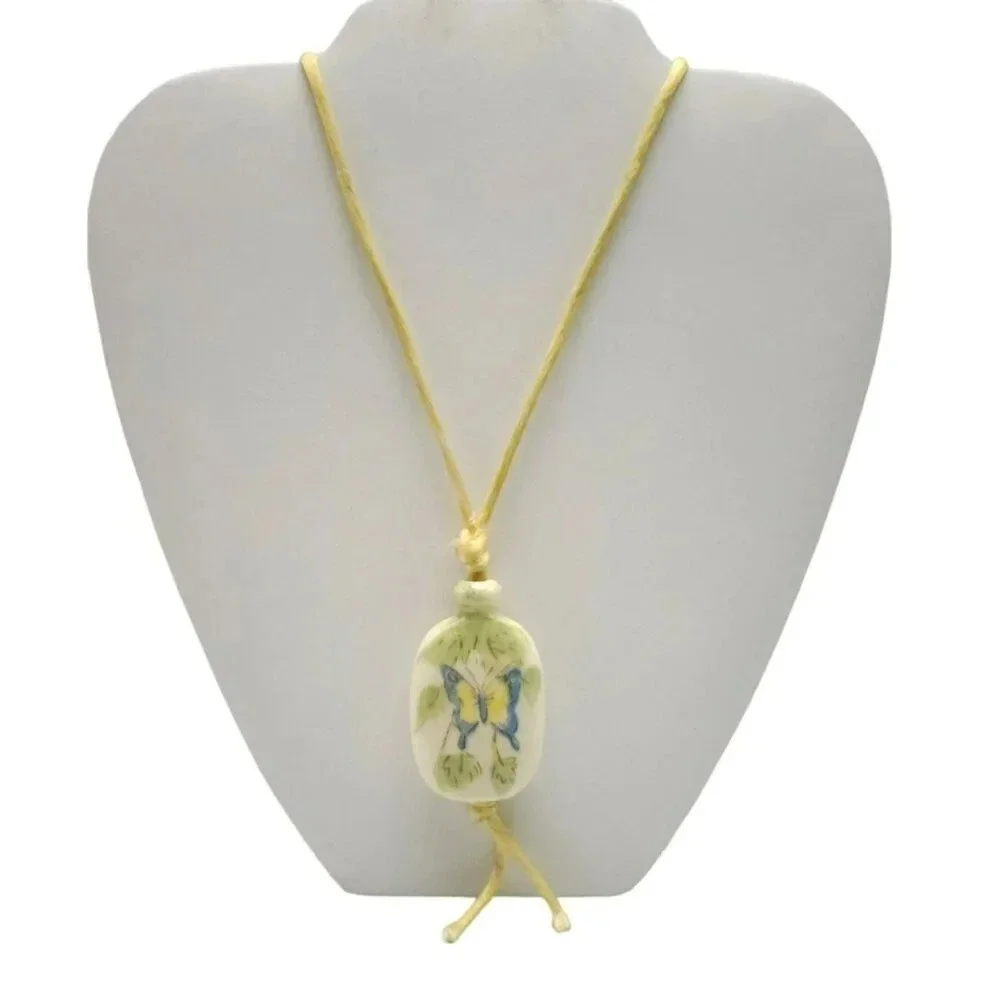 Avon Hand Painted Tender Butterfly Ceramic Pendant Necklace Vintage